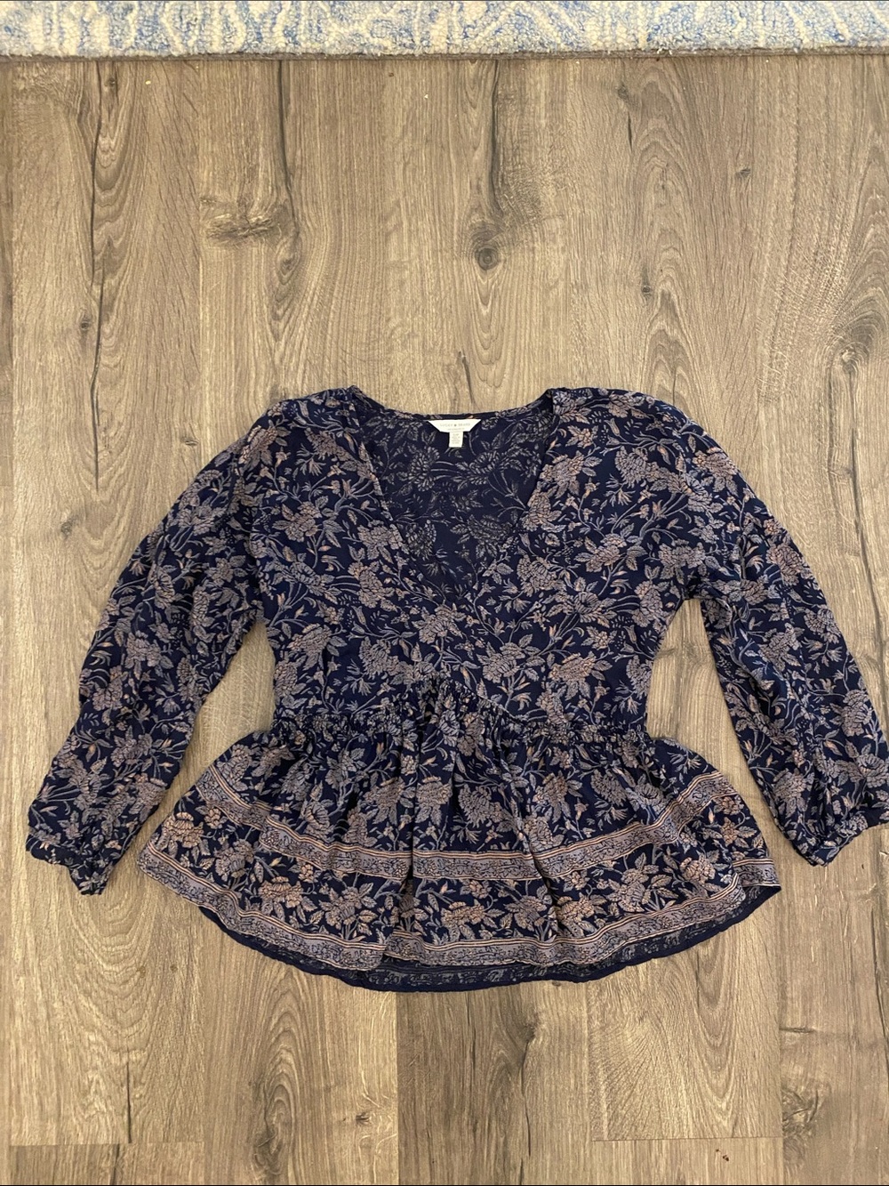 Lucky Brand Navy and Cream Floral Peplum V-Neck Blouse